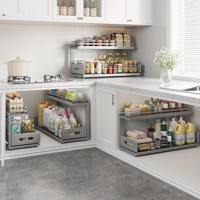 Under Sink Organizer Upgrade To Professional Rails,2-Tier Dual Pull Out Cabinet Storage,Height Adjustable Slide Out Drawers For Bathroom Kitchen,1 Pack-21"Dx12.8"-16.9"H,Gun Gray