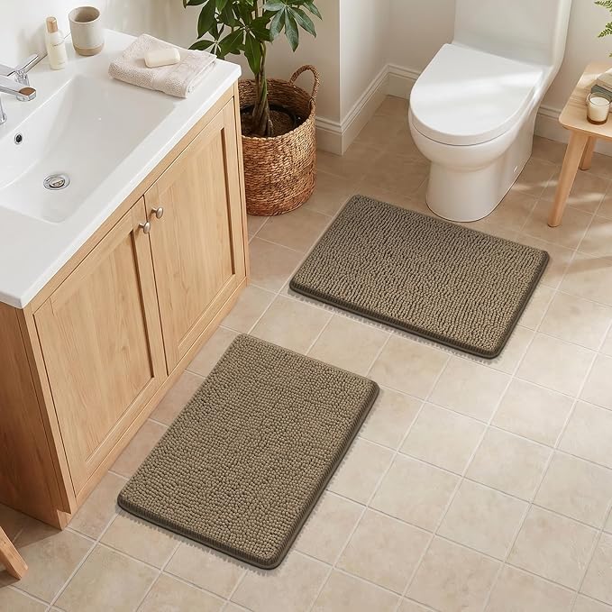 Bcoimo Bathroom Rug Set, Chenille Bathroom Rugs, Absorbent Non Slip Plush Bath Mats, Machine Washable Fast Drying Floor Mats for Tub, Shower, Sink, Vanity
