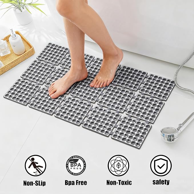 Non Slip Shower Mat for Bathtub with Strong Suction Cups | Quick-Dry Drain holes.Firm Yet Elastic Surface Massages Feet.Boosts Circulation.Sticks to Wall to Dry,Folds.26.2"x15.6" Gray