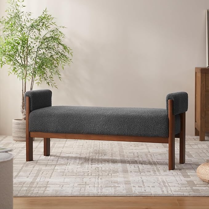 VKNOW End of Bed Bench, 51.8” Modern Upholstered Bedroom Bench Indoor Bench with Arms, Entryway Bench with Solid Wood Frame for Bedroom Living Room, Dark Gray