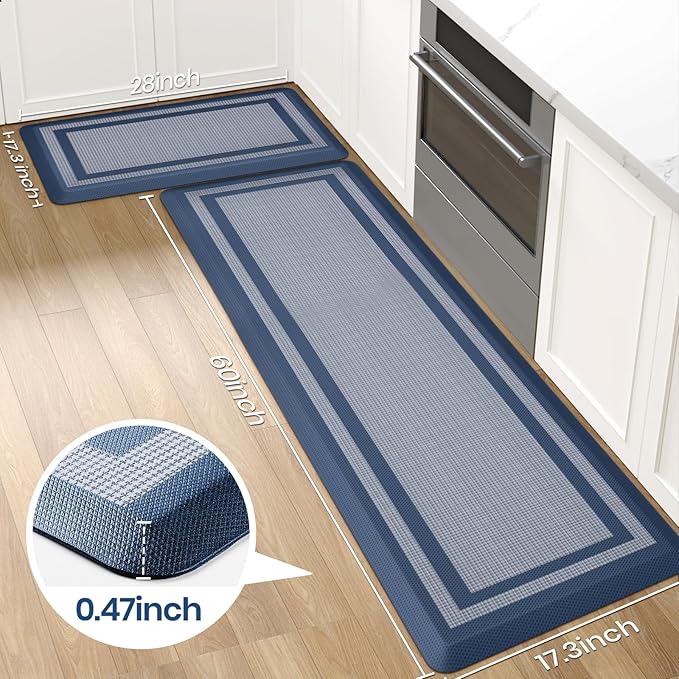 KitchenClouds [2 PCS Kitchen Rugs Cushioned Anti-Fatigue Kitchen Mats for Floor Waterproof Kitchen Rug Set Non-Slip Comfort Standing Mat for Office, Sink, Laundry 17.3"×28"+17.3"×60",Blue