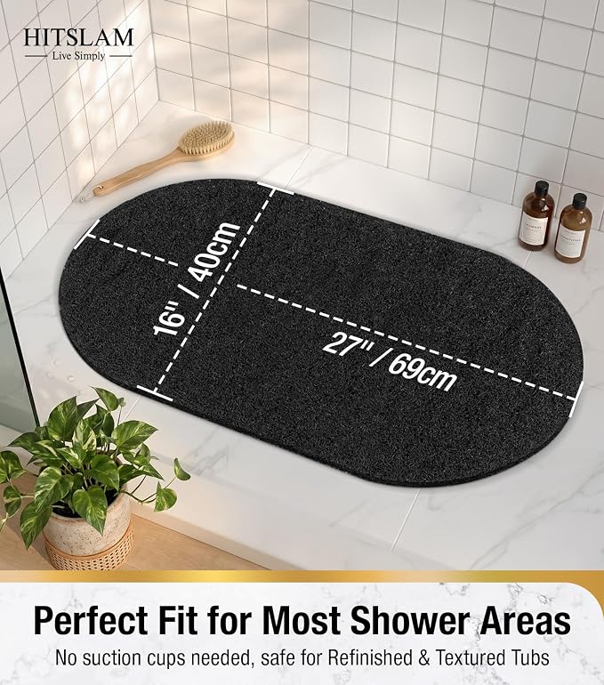 HITSLAM Oval Loofah Shower Mat Non Slip, 27x16 Inch Bath Mat for Textured Tub & Inside Shower Stall, No Suction Cups Quick Drying PVC Porous Floor Mat, Soft Foot Exfoliating Bathtub Mat, Black