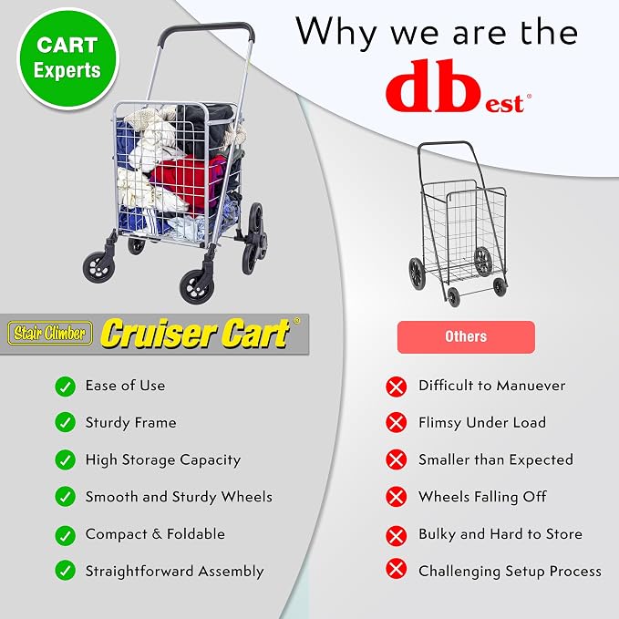 dbest Products Stair Climber Cruiser Cart Shopping Grocery Rolling Folding Laundry Basket on Wheels Foldable Utility Trolley Compact Lightweight Collapsible, Silver