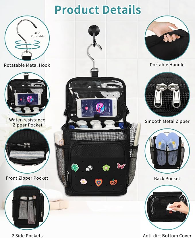 Shower Caddy Portable, Hanging Shower Caddy with DIY Decoration Charms for College Dorm Room Essentials, Quick Dry Shower Bag Mesh Toiletry Bag for Bathroom, Gym, Camping, Swiming, Beach, Traveling