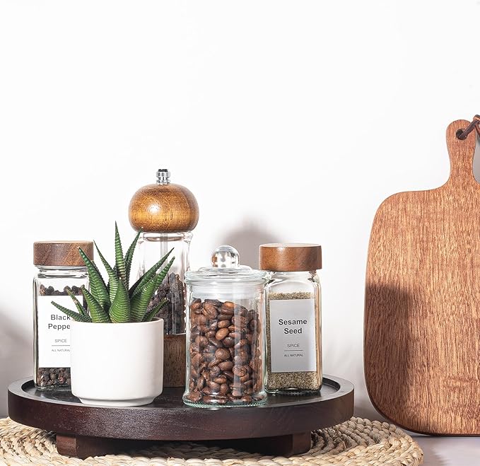 Round Decorative Tray Wood Bathroom Counter Organizer Farmhouse Kitchen Decor Wooden Riser for Soap Dish, Perfume, Candle, Sponge, 10" - Walnut
