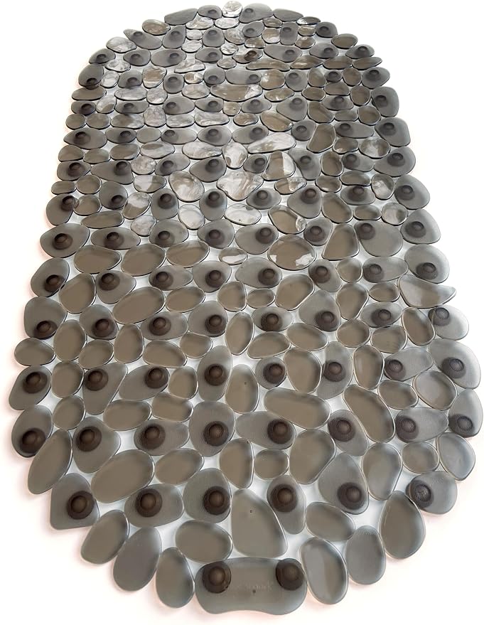 “Pebbles” Non-Slip Bathtub & Shower Mat 27”x14” Oval - Non-Toxic - Safe, Clean, Machine-Washable, Superior Grip & Drainage, Vinyl, for Smooth Floors ONLY, Transparent Brown