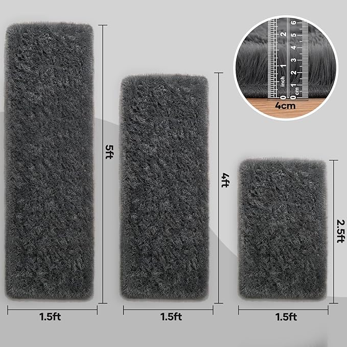 Ophanie Small Rug Washable Non Slip Throw Bedside Area Rugs, Fluffy Soft Mini Bedroom Carpet, 1.5x2.5，1.5x4 and 1.5x5 Rug Set, 3 Piece Grey