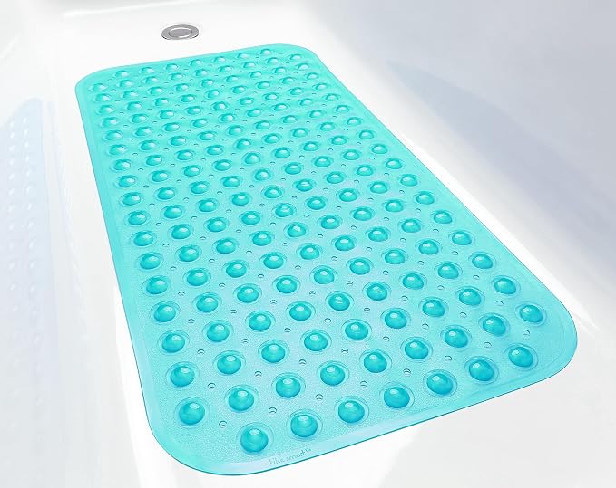 Large Non-Slip Bathtub & Shower Mat 31”x16” (Smooth/Non-Textured Tubs Only) Safe, Clean, Machine-Washable, Superior Grip&Drainage, Vinyl, Transparent Turquoise