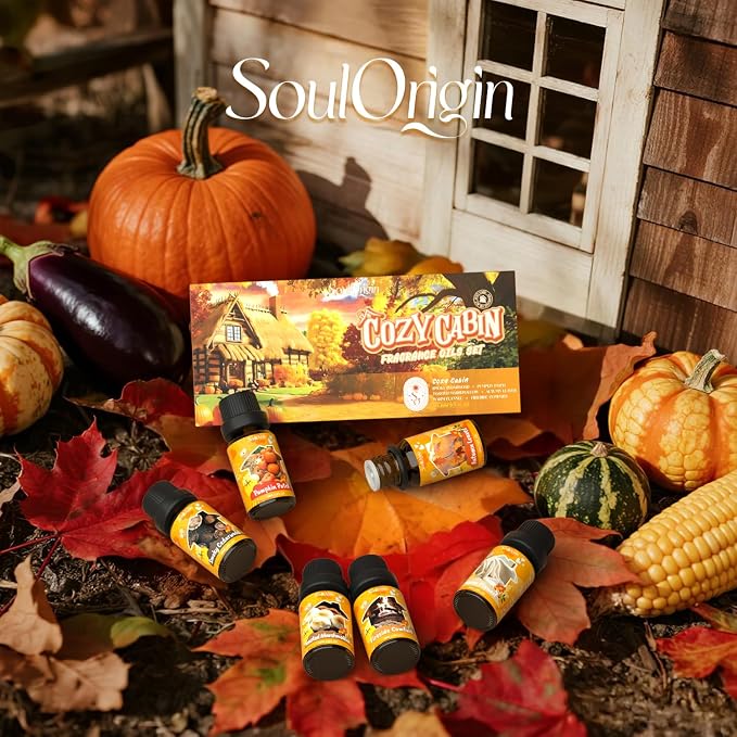 Soulorigin Fall Cozy Cabin Fragrance Oils Set, Essential Oil for Diffuser, Use for Soap Candle Making-Smoky Cedar Wood, Roasted Marshmallows, Autumn Leaves, Warm Flannel, Fireplace Time, Pumpkin Patch