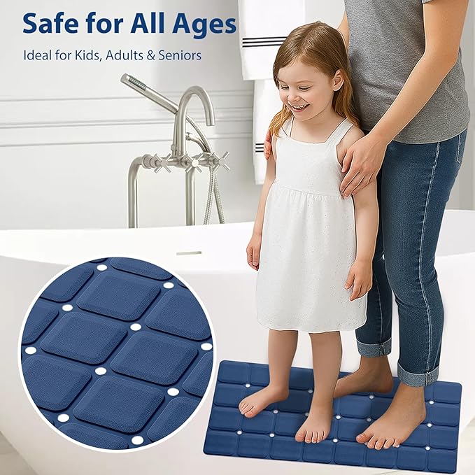 Webos Silicone Bath Mat with Suction Cups – Non-Slip Foldable Bathtub & Shower Mat, Durable & Quick-Dry Safety Tub Mat with Large Drain Holes for Families 28"x 14" Navy Blue