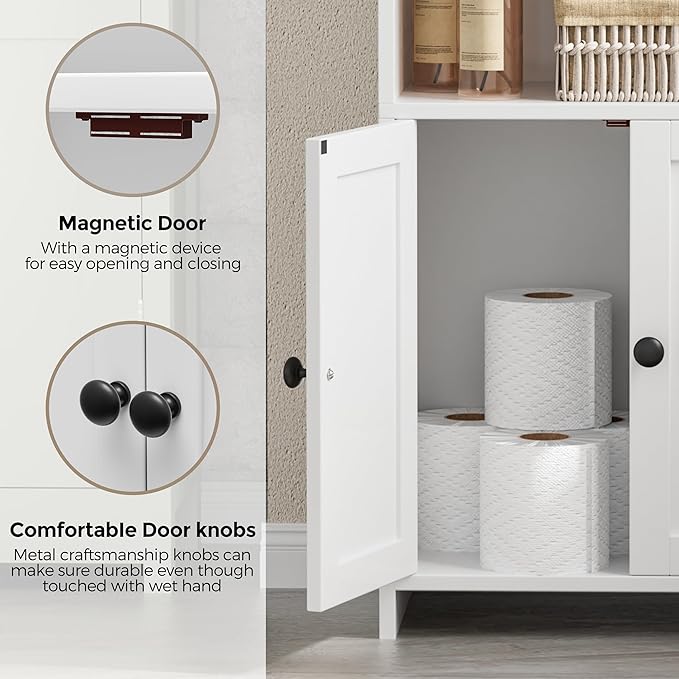 Homhedy Small Bathroom Storage Cabinet, Freestanding Toilet Paper Storage with 2 Doors and Shelves, Bathroom Organizers and Storage for Small Spaces, Laundry Room, 7.9" D x 14.6" W x 31" H, White