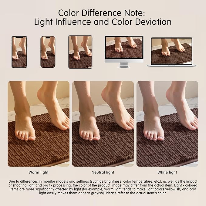 SUBRTEX Bathroom Rugs, 20" x 32" Chenille Bath Rug Soft Short Plush Bath Mat Soft Shower Mat Water Absorbent Shower Mat Quick Dry Machine Washable, Brown
