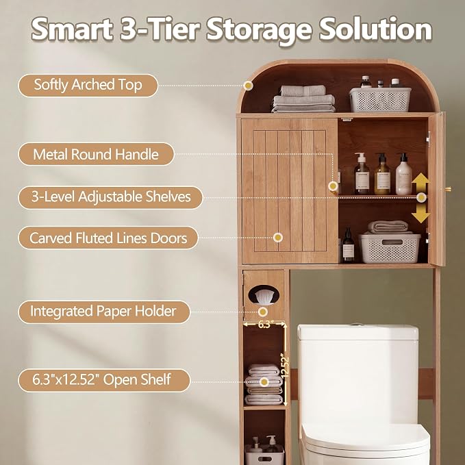LEVNARY 31" Wide Over the Toilet Storage with Toilet Paper Holder, Arched Bathroom Organizer with Fluted Doors, 4-Tier Space Saving Freestanding Cabinet with Adjustable Shelves (Caramel)