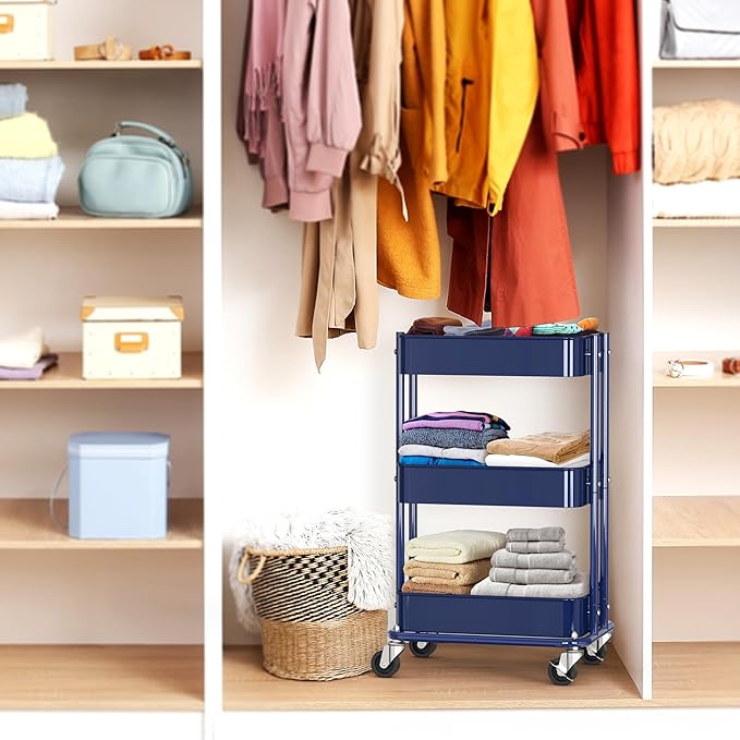 Simple Houseware 3-Tier Compact Utility Rolling Cart, Low 24” Height Fits Under Desk, Space-Saving Storage for Home Office, Dining Room, or Kitchen, Navy