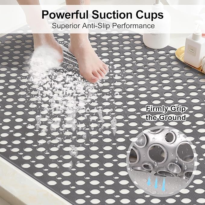 Anti Slip Shower Mat with Suction Cups,31.5x47.2 Inch Quick Drain TPE Non Slip Shower Mats for Inside Shower,Large Bath Mat for Shower Soft on Feet, Easy to Dry&Cut Machine Washable