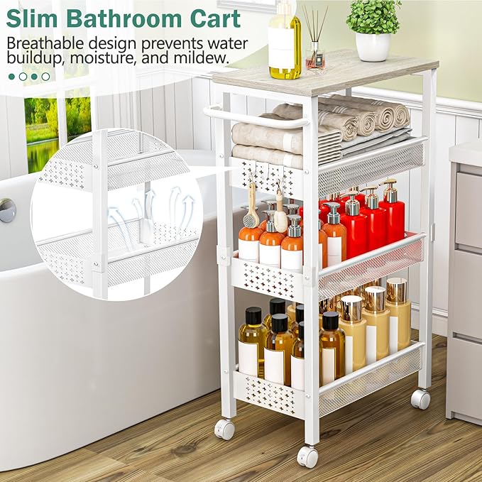 Vivihomety Utility Slim Storage Cart with Wheels, 4 Tier Small Rolling Cart with Wood Top, Metal Kitchen Bathroom Laundry Room Organization Trolley with Handle for Narrow Space - White