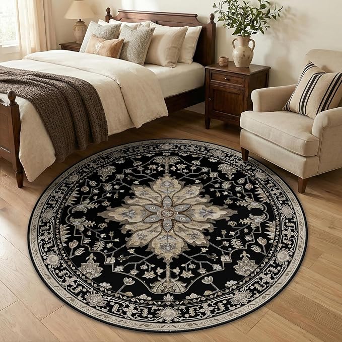 RELEANY Area Rugs Round 5ft Washable Non-Slip, Floral Vintage Distress Medallion Carpet for Living Room Bedroom Dining Room, Black Brown Neutral Dark Tan