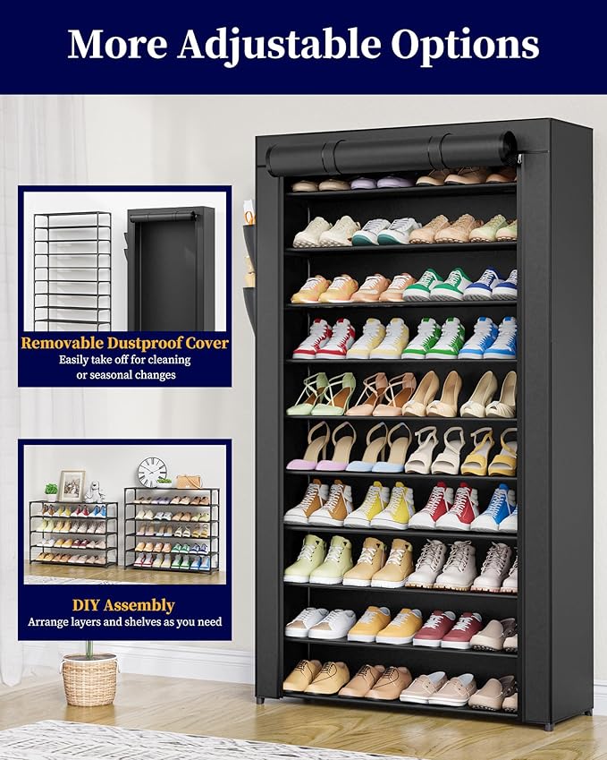 Kitsure Shoe Rack - 10-Tier Large Capacity Shoe Organizer Shelf with Dust Cover & Side Pockets, Rust-Proof Metal Shoe Rack for Closet, Entrance, Living Room, 33.6" x 12.4" x 69.3", Black