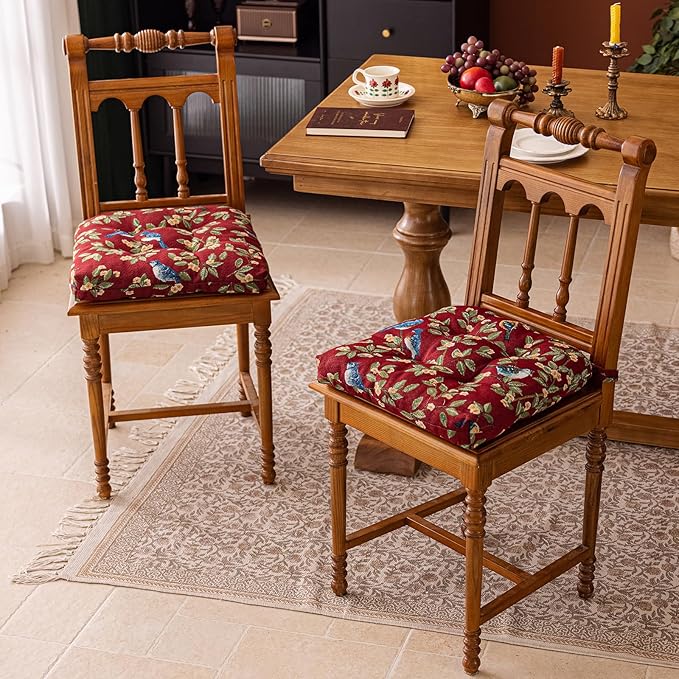 vctops Farmhouse Bird Print Chair Cushions with Ties U-Shaped Soft Comfortable Chair Pads Non Slip Seat Cushions for Indoor Dining Room and Kitchen Chairs (Red,16"x16")