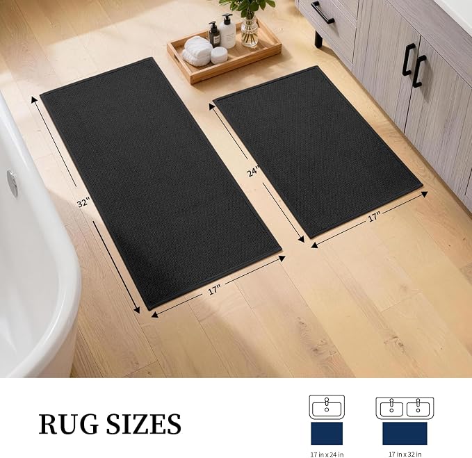 YIHOUSE Black Bathroom Rugs Sets 2 Piece, Quick Dry Thin Bath Mat, Non Slip Absorbent Machine Washable, Bath Rugs for Bathtub Sink Home Decor (17"x24" + 17"x32")