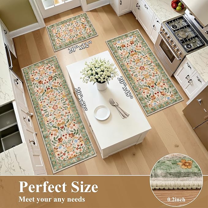 HEBE Boho Kitchen Rugs Sets of 3, Non Slip Washable Kitchen Mats for Floor, Farmhouse Kitchen Carpet Runner Rug Set for Sink, Stove, Laundry Room & Hallway