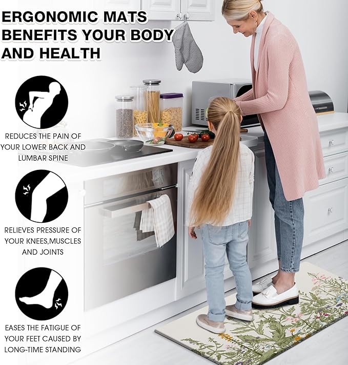 MAYHMYO Kitchen Rug Anti Fatigue Kitchen Mat Cushioned Colorful Floral Plants Cute Vintage Kitchen Rugs Non Skid Waterproof Kitchen Rugs and Mats for Floor Laundry Standing Desk Sink