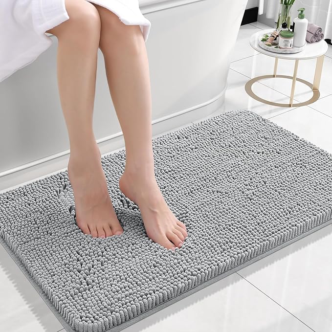 OLANLY Small Bathroom Rugs 24x16, Extra Soft Absorbent Chenille Bath Rugs, Rubber Backing Quick Dry, Machine Washable Bath Mats for Bathroom Floor, Tub and Shower, Home Decor Accessories, Light Grey