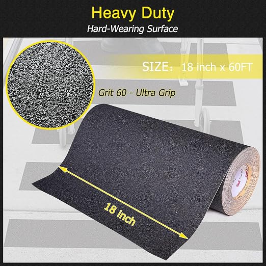 S&X Anti Slip Tape 18 Inch x 60 FT Roll, Black, Grit 60, Extended Length Non-Slip Skid Grip Tape for Outdoor Stair Treads, Wooden Steps & Exterior Grips – Waterproof, Long-Lasting Tread Strips
