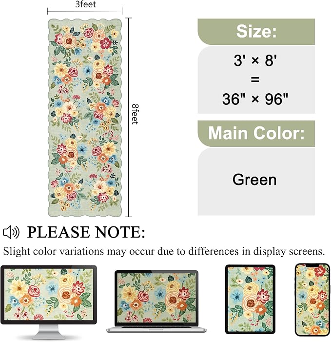 DUKINO 3x8 Washable Runner Rug, Soft Indoor Floral Non Slip Long Runner Rug for Hallways, Lightweight & Low Pile Floor Carpet for Kitchen, Entryway, Hallway, Bathroom, Laundry, Bedroom, Green