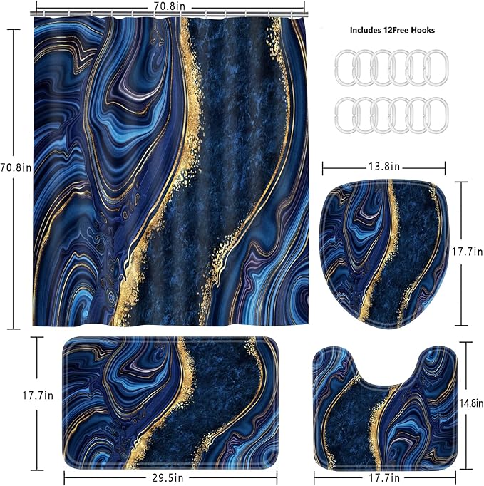 Nkzply 4 Pcs Blue Marble Shower Curtain Sets with Rugs Gold Bathroom Sets with Shower Curtain and Rugs Modern Abstract Bathroom Decor Accessories Shower Curtains for Bathroom Toilet Lid Cover