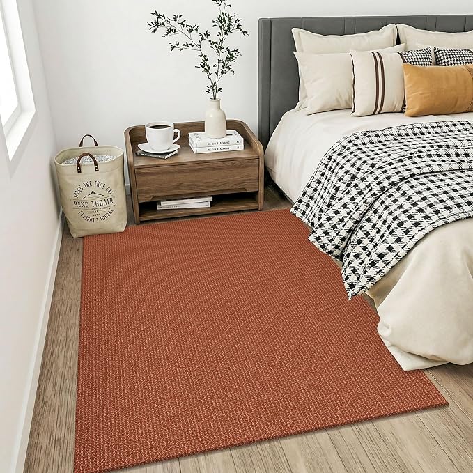 KOZYFLY Orange Washable 4x5 Entry Woven Area Rug, Braided Throw Rugs for Entryway, Non Slip Door Mat Indoor Entrance, Flatweave Carpet for Foyer, Bedroom, Dining, Office, Burnt Orange/Tan