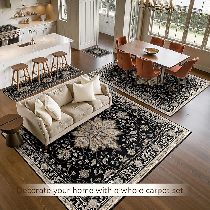 RELEANY Area Rugs 7'x9' Washable Non-Slip, Floral Vintage Distress Medallion Carpet for Living Room Bedroom Dining Room, Black Brown Neutral Dark Tan