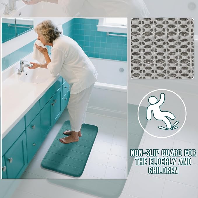 Yimobra 3 Pieces Memory Foam Bath Mat Set with U-Shaped Toilet Rug - Non Slip Super Soft Absorbent Quick Dry Bathroom Rugs for Bathtub, Vanity & Toilet Base, Teal