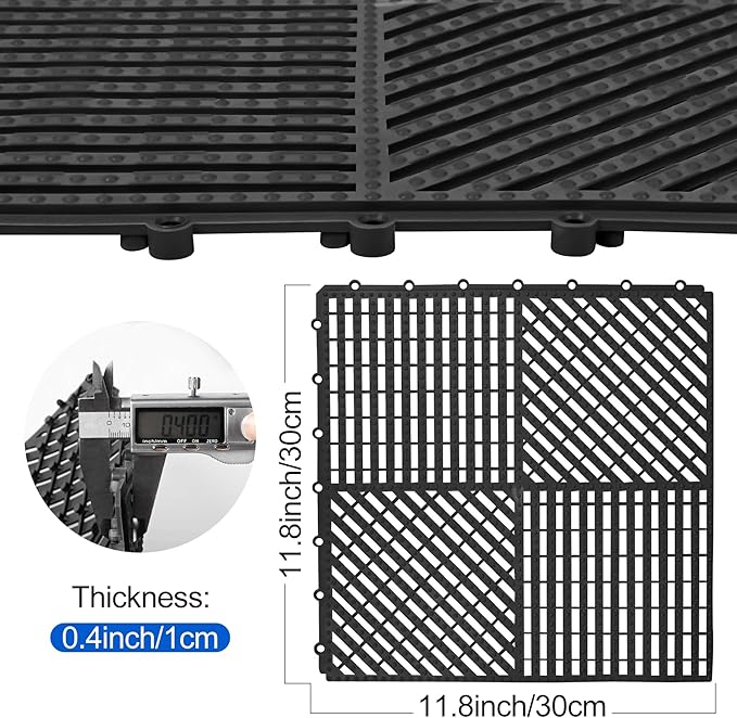 ToLanbbt Modular Interlocking Cushion 12P 11.8" x 11.8" Interlocking Rubber Floor Drain Holes Non-Slip Splicing Drainage Mats for Deck, Shower, Kitchen, Drain Pool, Sauna Bath (Black, 1 Rows Dots)