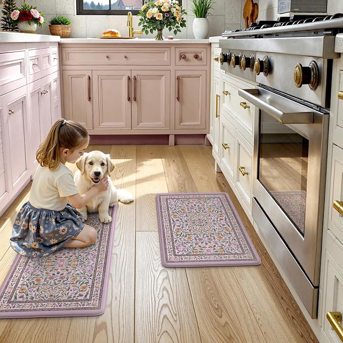 KIMODE Anti Fatigue Kitchen Mats 20"x47"+20"x32", Boho Flora Kitchen Rugs Sets of 2, Cushioned Non Skid Kitchen Mats for Floor, Comfort Kitchen Floor Mats for Sink Laundry Desk Purple