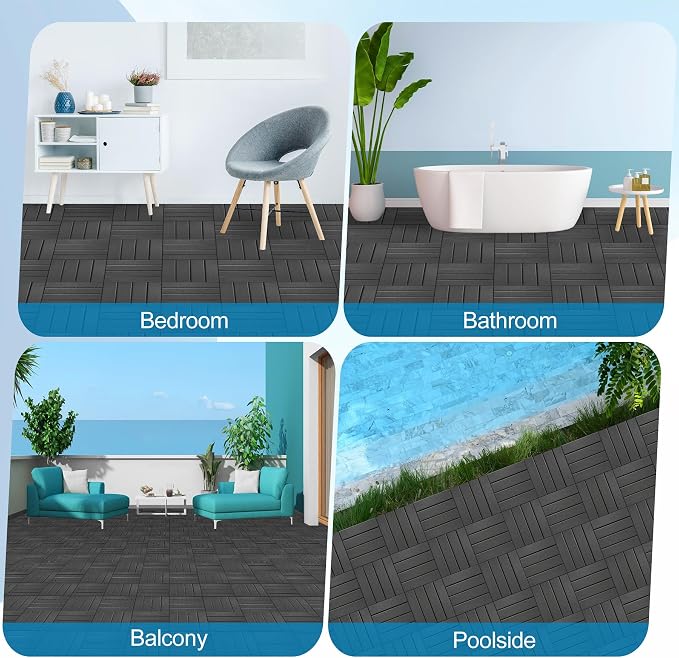 ToLanbbt Plastic Interlocking Deck Tiles 36 Pack 12"x12" Waterproof Indoor Outdoor Composite Patio Flooring Decking Tiles All Weather Use for Patio Porch Balcony Backyard Poolside, Dark Grey