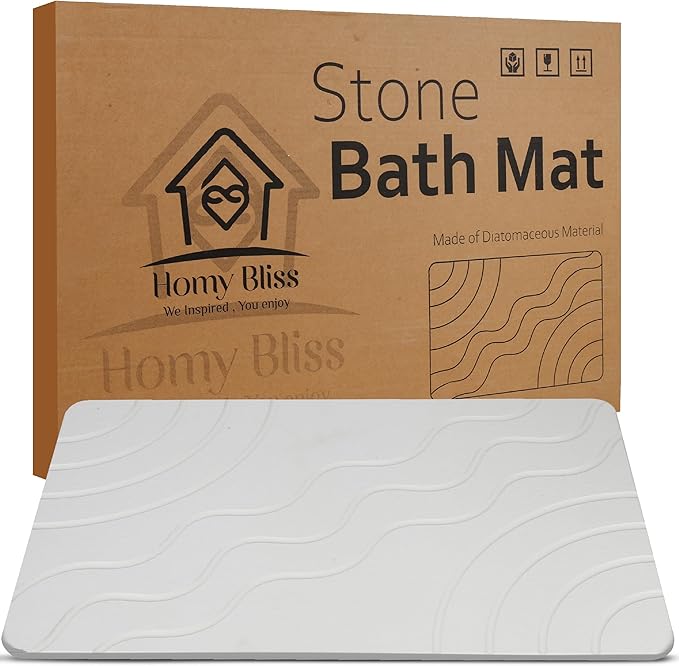 Stone Bath Mat Quick Drying Diatomaceous Earth Bath Mat Non Slip Shower Mat Super Absorbent Stone Bath Mats for Bathroom, Floor, Kitchen Counter, Easy to Clean (23.6” X 15.3”, White)