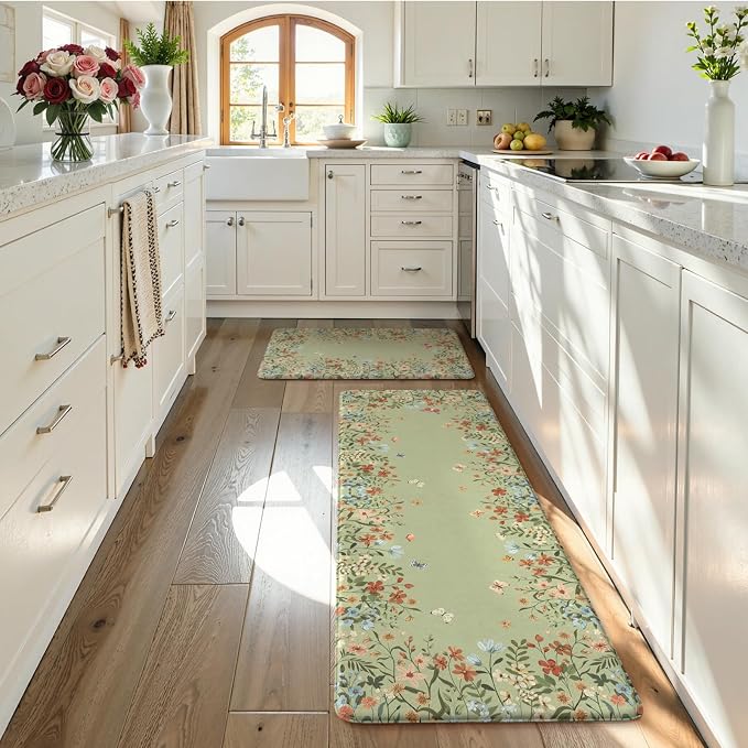 KIMODE Kitchen Mats for Floor Anti Fatigue, 20"x47"+20"x32" Farmhouse Kitchen Rugs Sets of 2, Padded Kitchen Floor Mats, Comfort Standing Mats for Sink Laundry Office Desk Sage Green