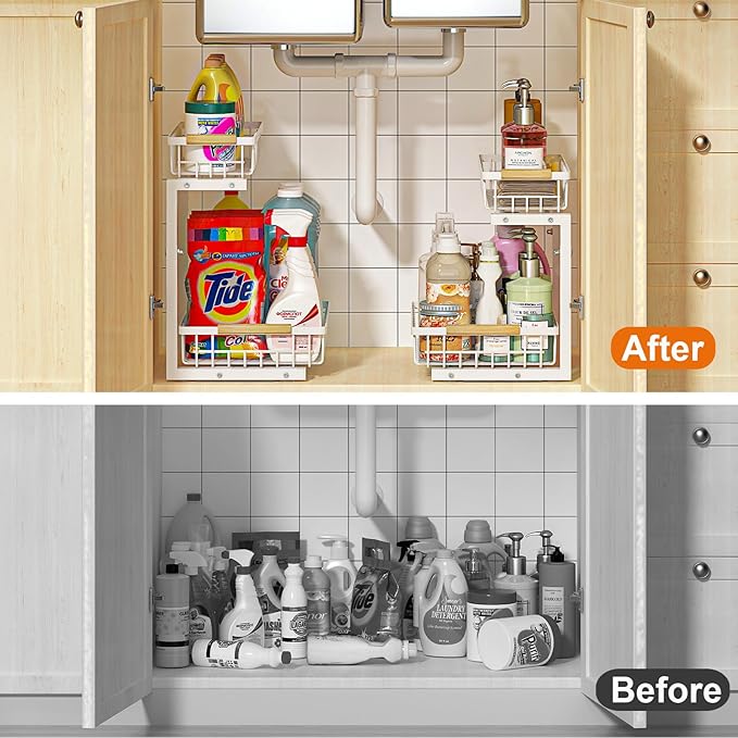 REALINN Under Sink Organizer, 2 Pack Height Adjustable Under Sink Organizers and Storage, 2 Tier Pull Out Drawer Cabinet Storage for Kitchen Bathroom, White