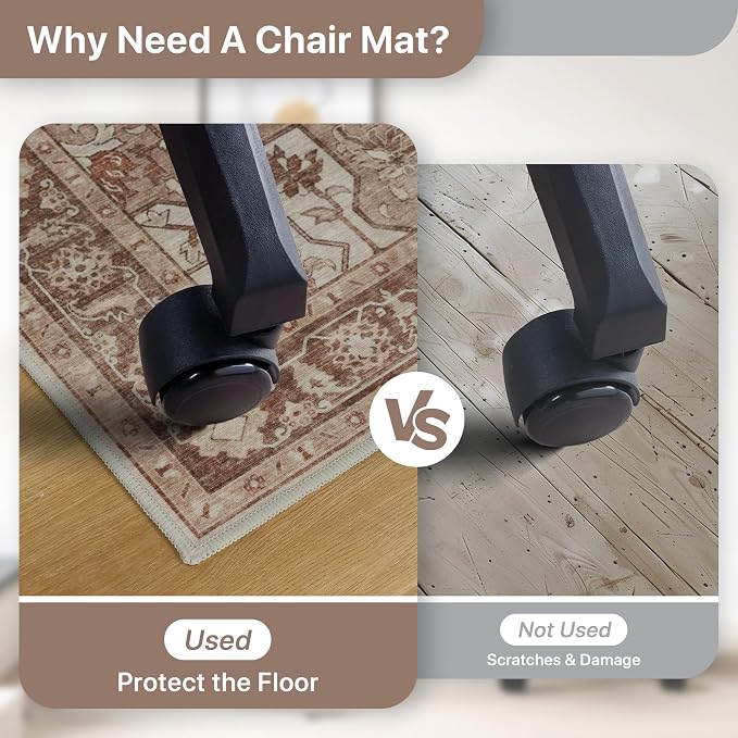 48"x60" Office Chair Mat for Hardwood Tile Floor, Under Desk Carpet Protector for Rolling Computer Chair Mat, Machine Washable Area Rug, Anti-Slip 1/5" Thick Low Pile Thin Vinyl Floor Mat, Brown Red
