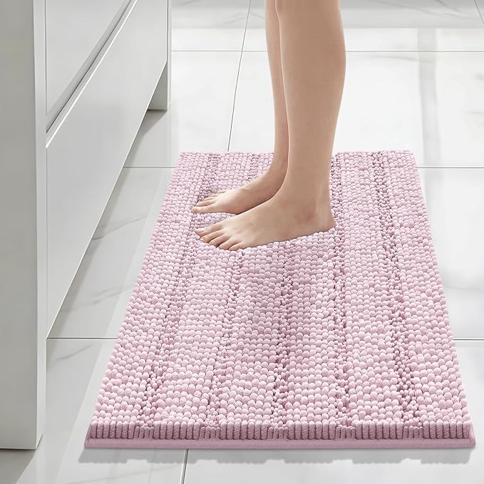 Bcoimo 30"×20" Chenille Bath Mat – Non-Slip with Backing Bath Rug Ultra-Absorbent and Machine Washable Bathroom Mat Quick-Dry Design. Ideal for Bathroom and Tub Areas