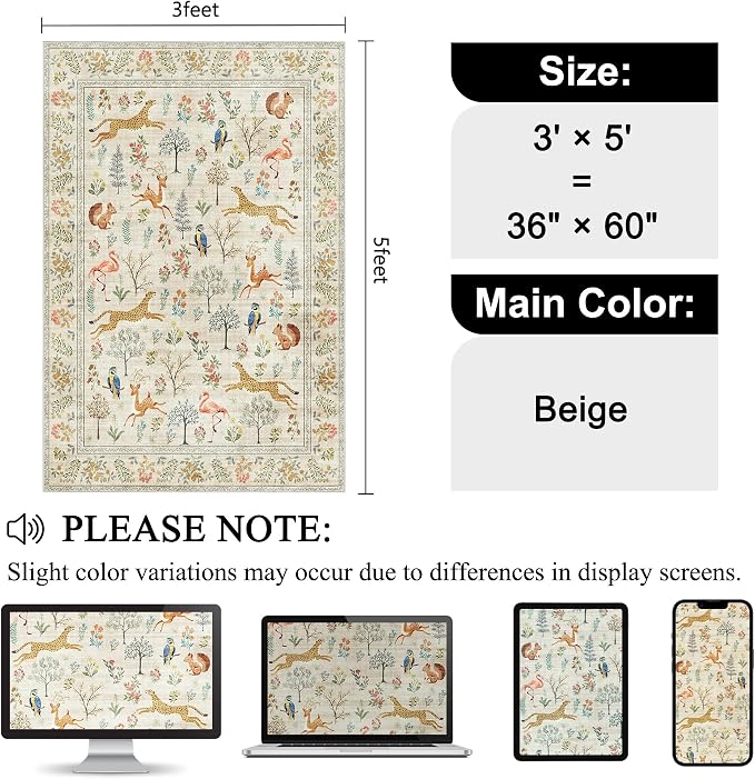 DUKINO 3x5 Rug, Washable Animal Area Rug with Non Slip Vintage Design, Indoor Soft Low Pile Carpet for Bedroom, Nursery, Dining Room, Farmhouse, Playroom, White