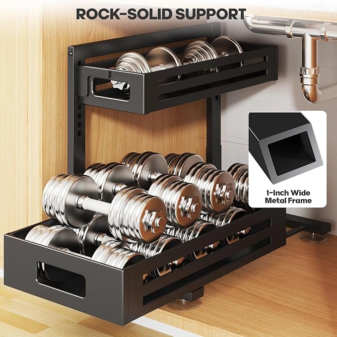 2 Pack 17IN-Depth Under Sink Organizer,Pull Out Cabinet Organizer With Smooth Cylindrical Rail,Metal Slide Out Drawer for Kitchen Bathroom Laundry,8-Level Tool Free Height Adjustable-Black