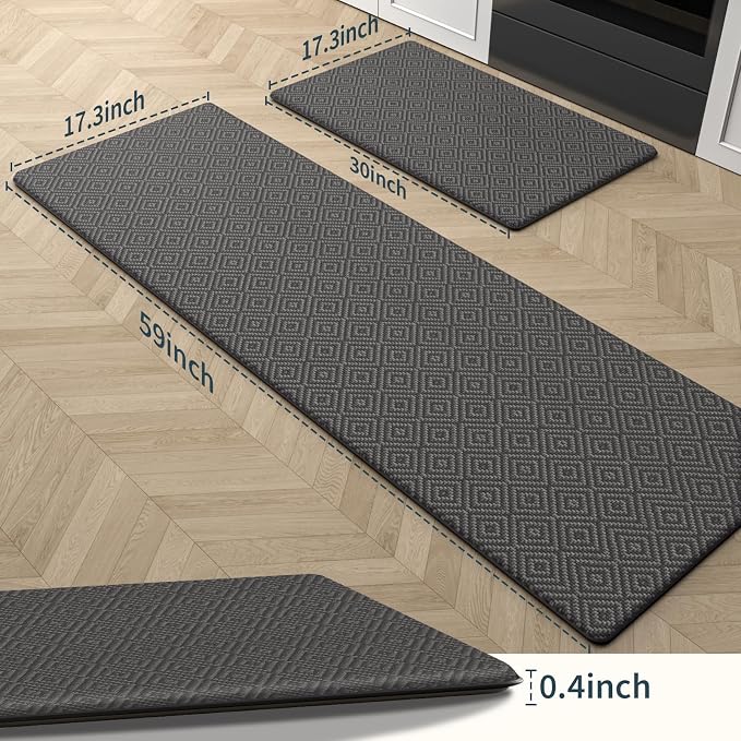 Mattitude Kitchen Mat 2PCS Kitchen Rugs Cushioned Anti-Fatigue Rug Waterproof Standing Desk Mat Kitchen Mats for Floor Kitchen Rug Set for Kitchen, Sink, Office 17.3"×30"+17.3"×59" Dark Grey