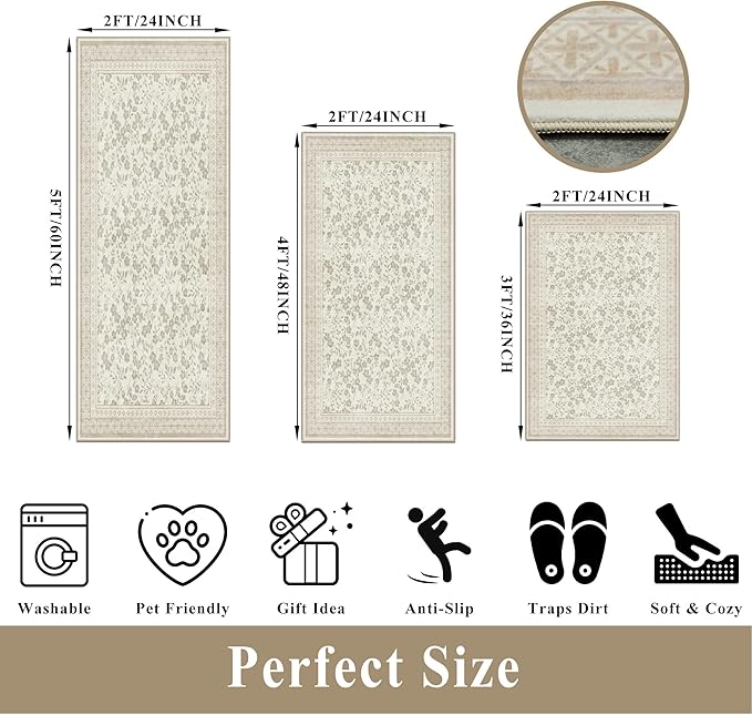 Kitchen Rug Sets 3 Piece, Washable Non-Slip Farmhouse Kitchen Mats for Hardwood Floor, Rustic Floral Boho Runner Rug for Sink,Entryway & Hallway & Bathroom (Beige/Floral,2x3-2x4-2x5)