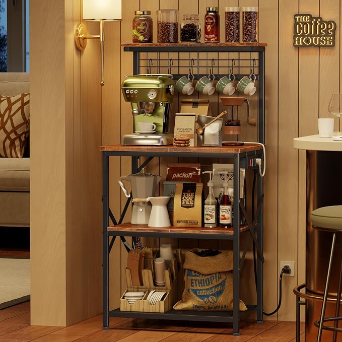 Furologee Kitchen Bakers Rack with Power Outlet, Microwave Oven Stand with Storage 4 Tiers, Coffee Bar Table with 6 S Hooks, Kitchen Storage Shelf Rack for Spices, Pots, Rustic Brown