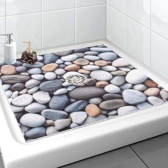 Square Shower Mat, Yonala 32 x 32 Inch Stylish Non Slip Shower Mats for Inside Shower with Central Drain Hole, Soft Trimmable PVC Loofah Anti Slip Shower Mat for Walk in Shower Stall, Quick Drying