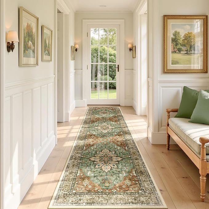 RELEANY Area Rugs Runner 3'x9' Washable Non-Slip, Floral Vintage Distress Medallion Carpet for Kitchen Hallway Bedroom Beside Laundry Room Bathroom, Terracotta Burnt Orange Green