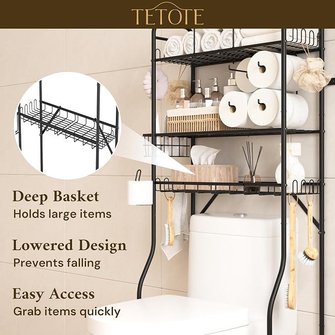 TETOTE Over The Toilet Storage Rack, 3-Tier Bathroom Organizer Shelf Over Toilet with Toilet Paper Roll Holder, Freestanding Metal Rack, Black