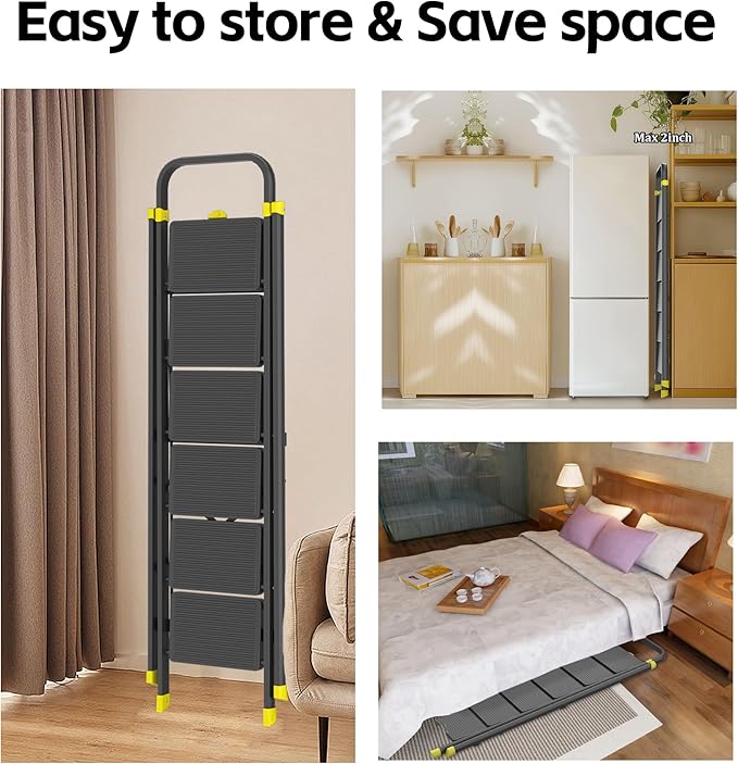 DIAMONDFORGE 6-Step Foldable Step Stool Ladder with Handle, Anti-Slip Pedals & Feet, 800lbs Capacity for Home Kitchen Adults, Black Yellow